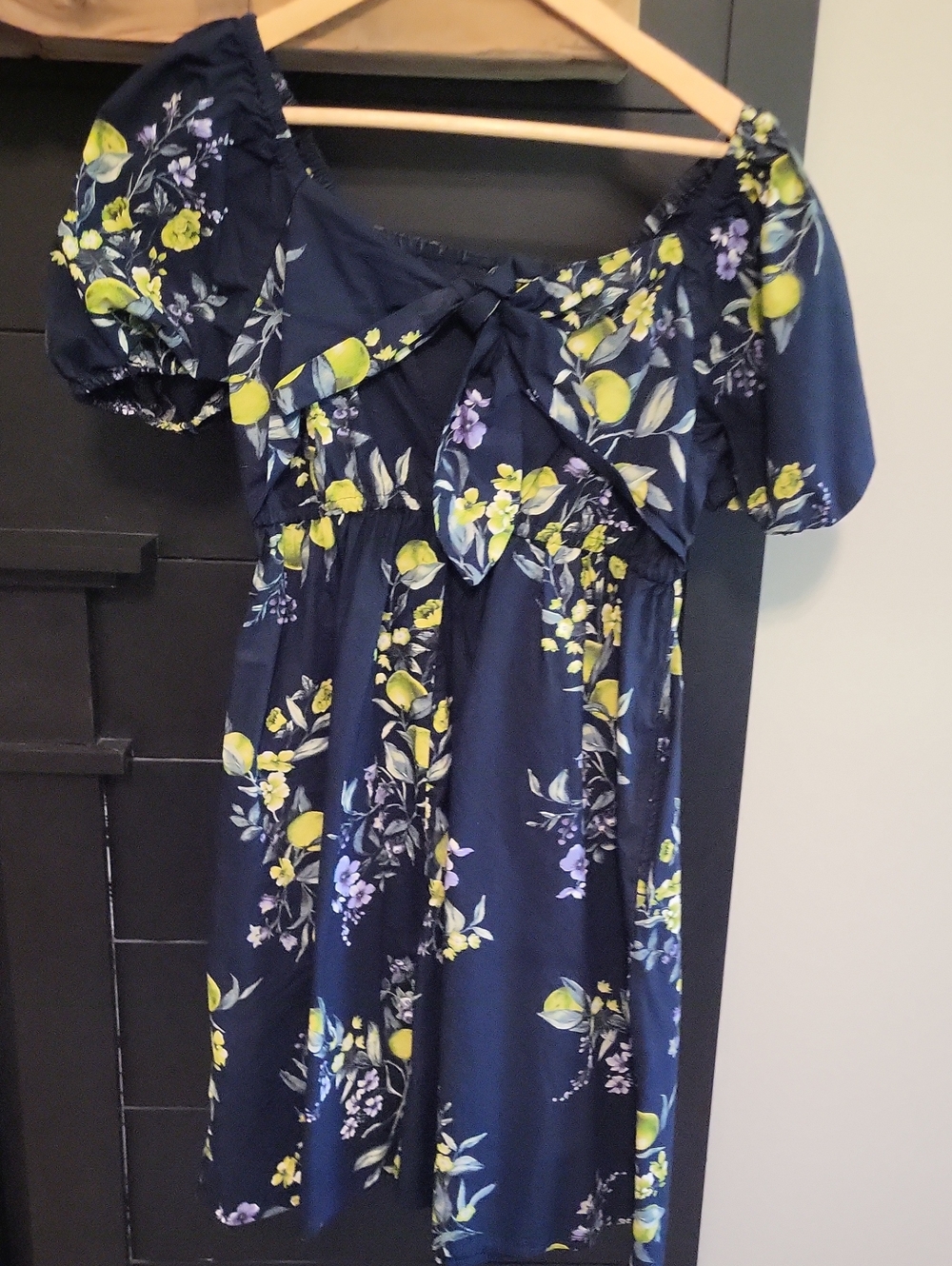 Navy Floral Off-Shoulder Dress with Lemon Print